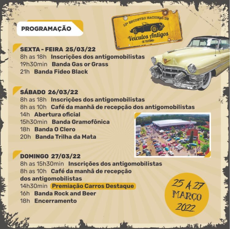 12° Encontro Nacional de Veículos Antigos ocorrerá dos dias 25 a 27 de março