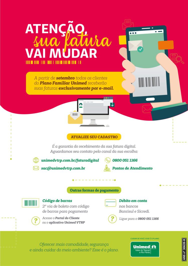 Clientes dos planos familiares da Unimed VTRP passarão a receber faturas exclusivamente por e-mail