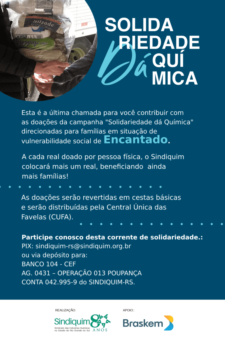 Campanha “Solidariedade dá Química” dobra valor para arrecadação de cestas básicas em Encantado
